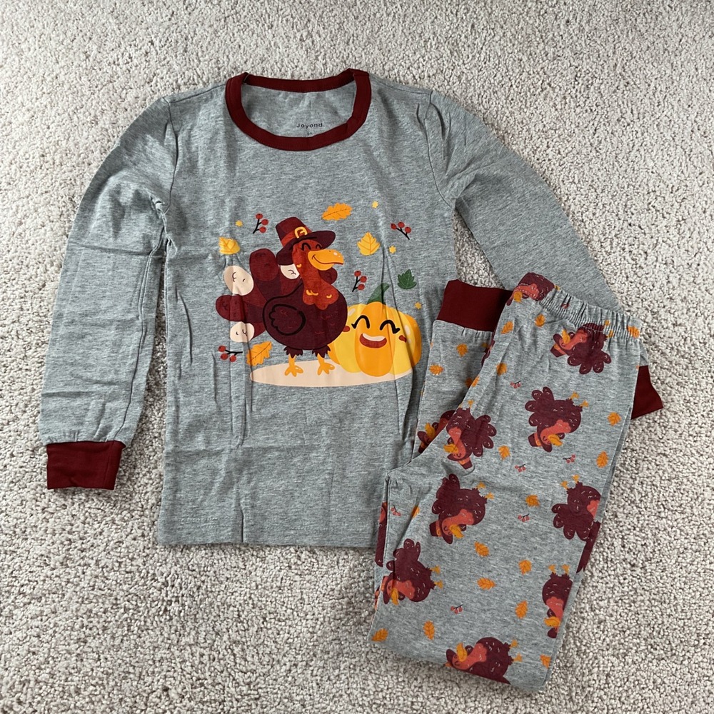 Joyond Kids Thanksgiving Turkey‎ Pajama Set Grey Burgundy 6Year NEW